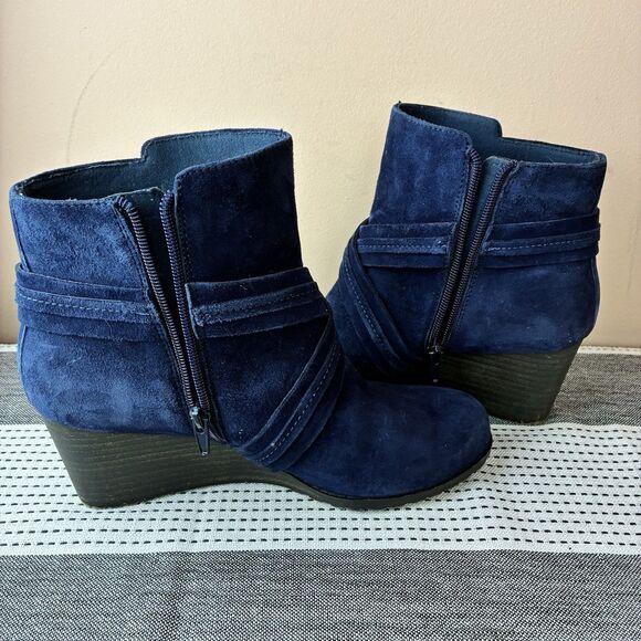 Rockport Women's Hollis XStrap Blue Suede Leather Wedge Heeled Boots Size 8.5 - Picture 7 of 8